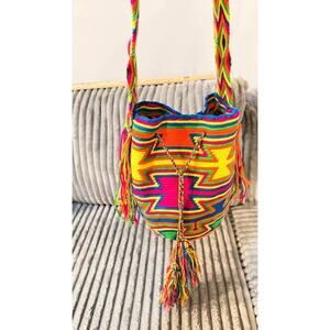 Wayuu Mochila Colombian Bucket Bag Large boho tassel colorful 9”x10”x 8.5”